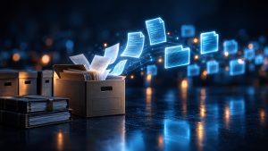 Preparing paper archives for digitization: archive boxes of records converting to digital files